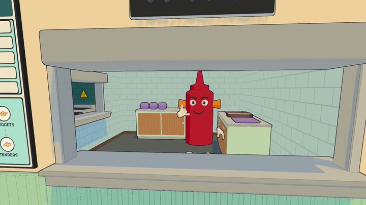 The Apprentice waves through the window to get the Cashier's attention