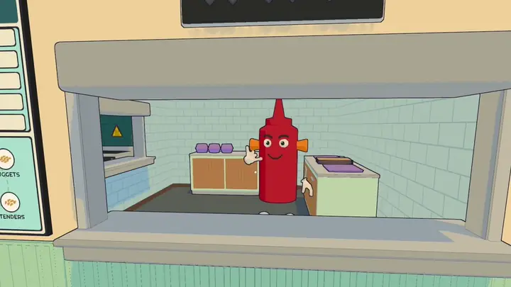 Looping clip: the Apprentice waves through the window to get the Cashier's attention