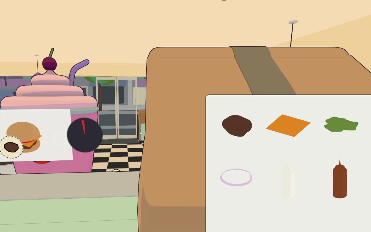 A paper bag labelled with its order's ingredients, next to a milkshake customer waiting at the counter