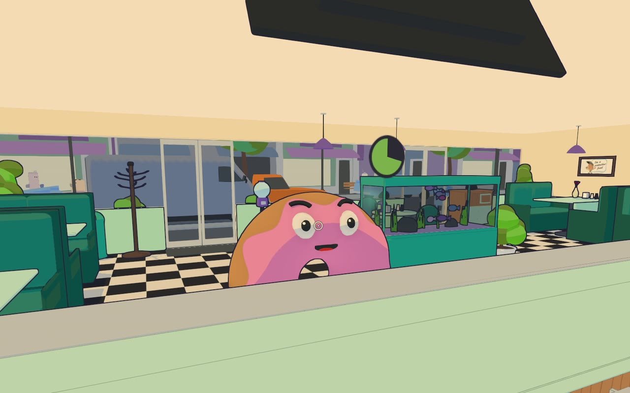 A pink donut customer peers over the counter in the dining room