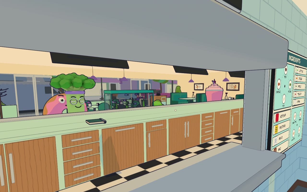 The counter seen from the Apprentice's station, with customers waiting in the dining room